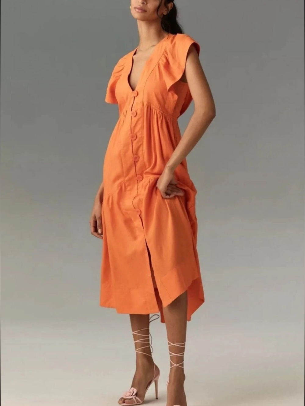 Anthropologie The Renee Linen Midi Orange Dress Button Front Flutter Sleeve S